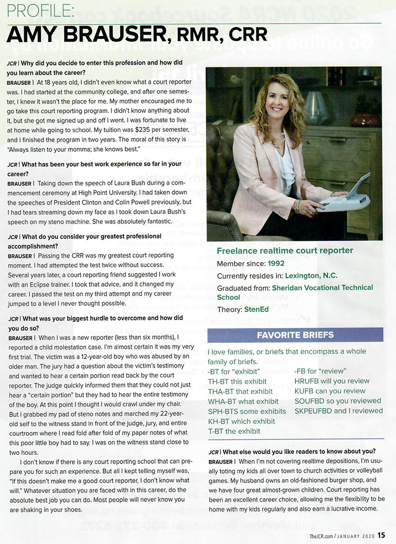 Amy Brauser National Court Reporters Association monthly journal article